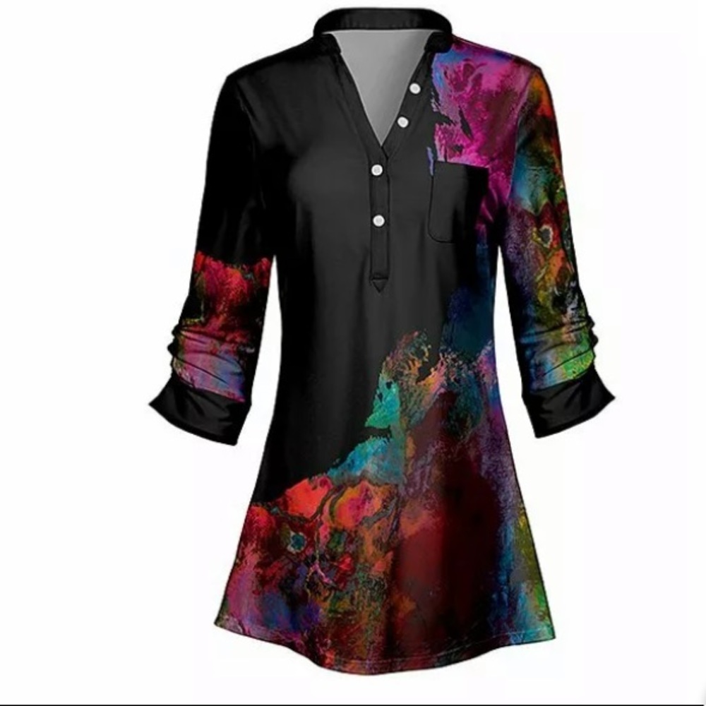 Tunic Black Abstract Contrast Pocket-Accent